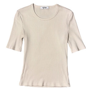 ENA PELLY Crew Neck Stretch Rib Top Sand Beige Size 2 *Spot On Arm*